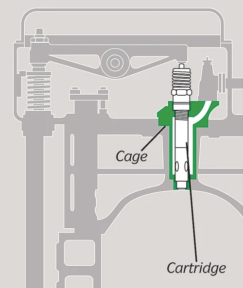 Illustration of installed Rebecca fuel case injector valve - cage and cartridge